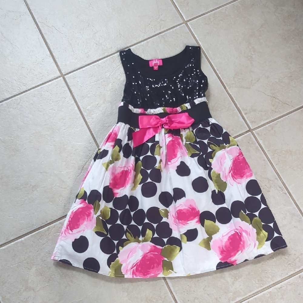 Pinky Black and White Dress with Pink Floral Accents Girls Size 8